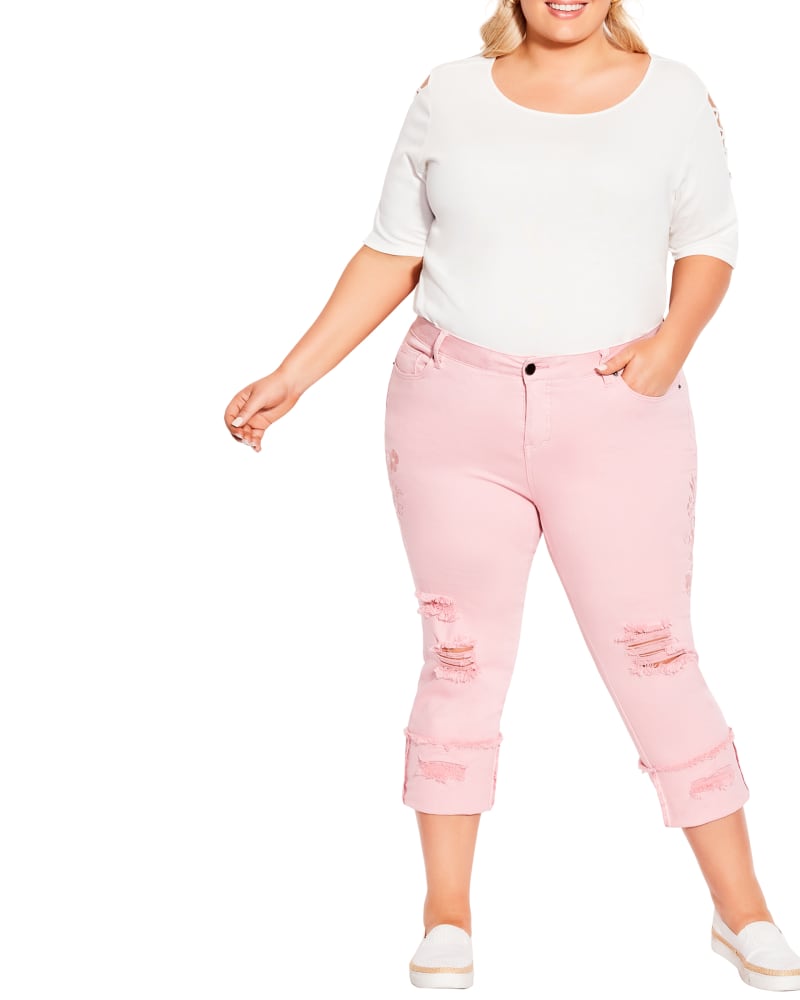 Plus size model wearing Eden Ripped Embroidered Capri by Avenue | Dia&Co | dia_product_style_image_id:192121